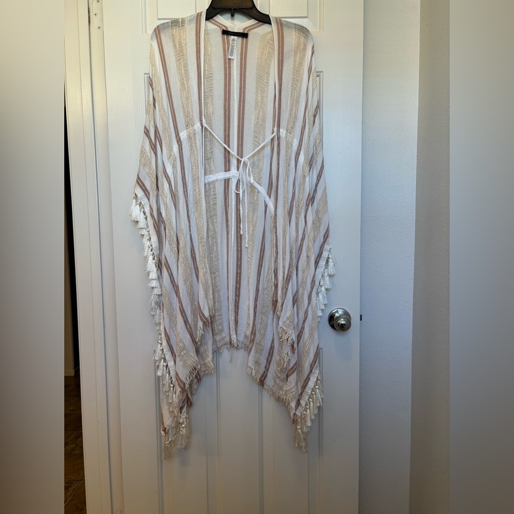 BCBGMaxAzria White and Brown Swim Beach Coverup with Elegant Fringe